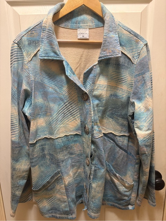 Color Me Cotton Jackets & Blazers - C.M.C. Color Me Cotton XL Blue Abstract Knit Jacket Shacket Cotton Stretch Art